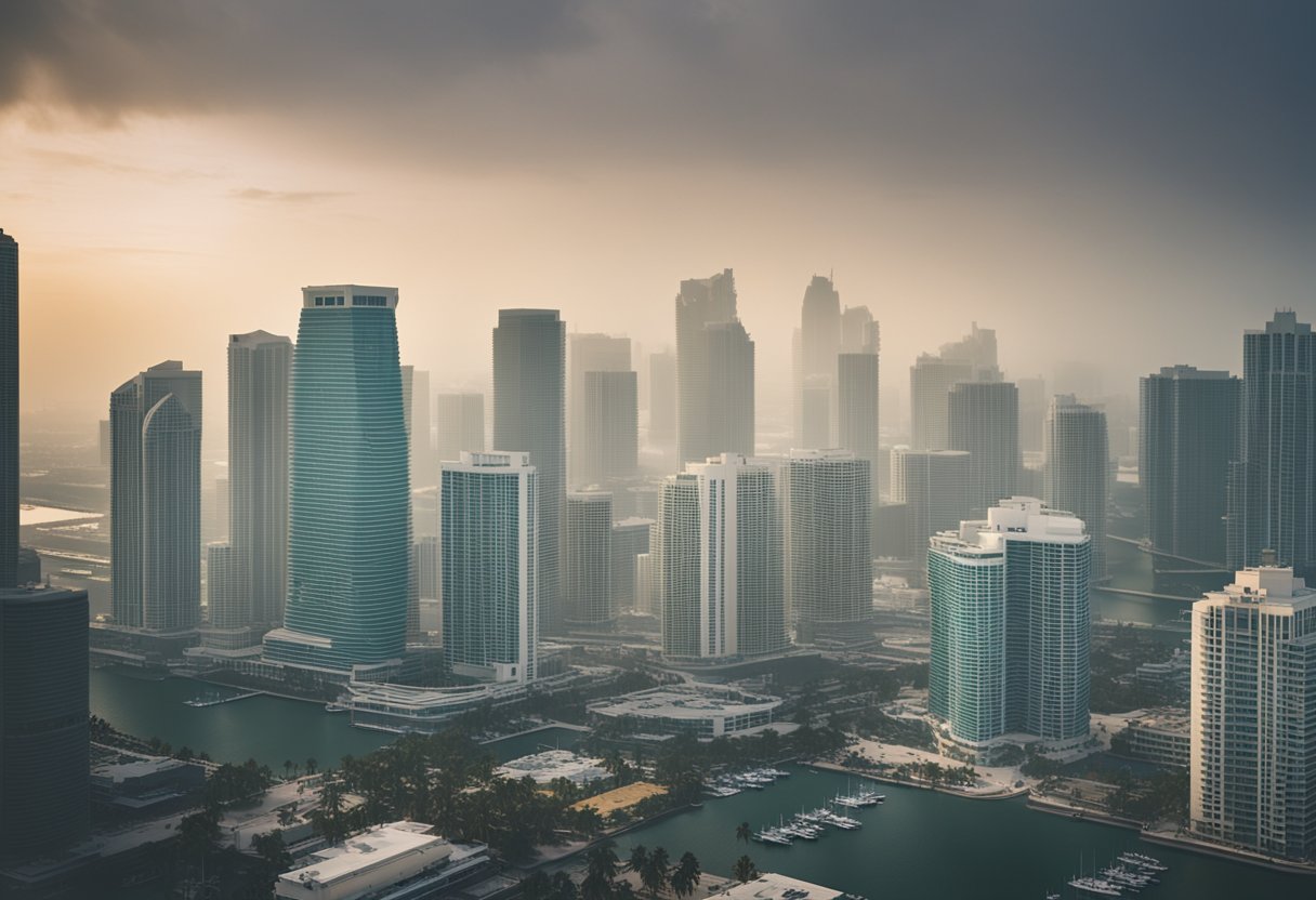The scene shows Miami's skyline with hazy air and smog, indicating poor air quality. The sun is partially obscured, and the colors of the buildings are muted
