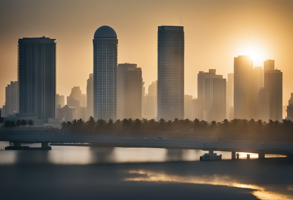 The sun beats down on the Miami skyline as thick smog hovers over the city, obscuring the view of the ocean. Cars and factories emit pollutants into the air, contributing to poor air quality