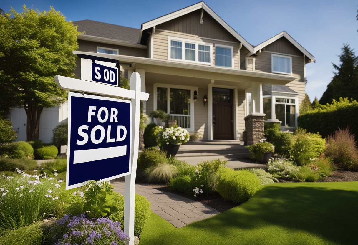 Redmond, WA: sunny skies, suburban homes, and lush greenery. A real estate agent holds a "sold" sign in front of a charming house