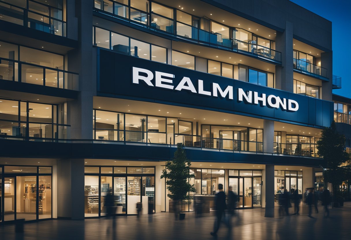 A bustling cityscape with modern buildings, bustling streets, and a prominent real estate office sign in Redmond, Washington