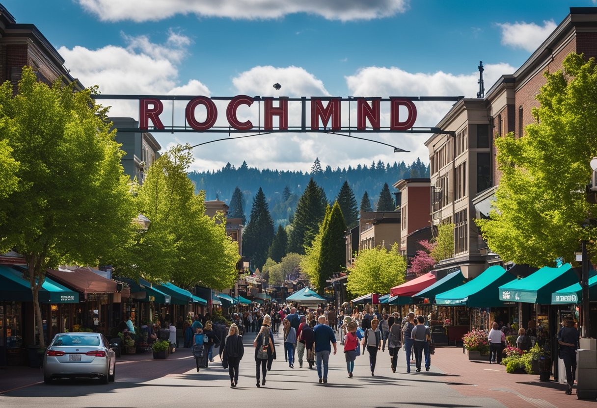 The bustling streets of Redmond, Washington, lined with historic buildings and vibrant market stalls, as real estate trends are analyzed and forecasted