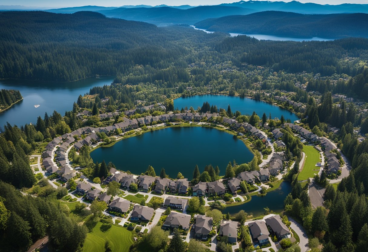 Aerial view of Sammamish, Washington with housing developments, green spaces, and a serene lake in the background