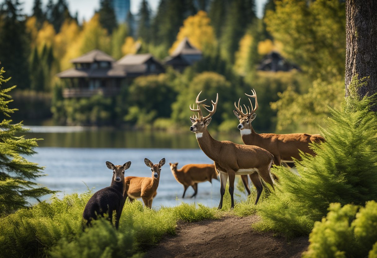 A bustling scene of wildlife in Bellevue, Washington, with various animals coexisting in their natural habitat