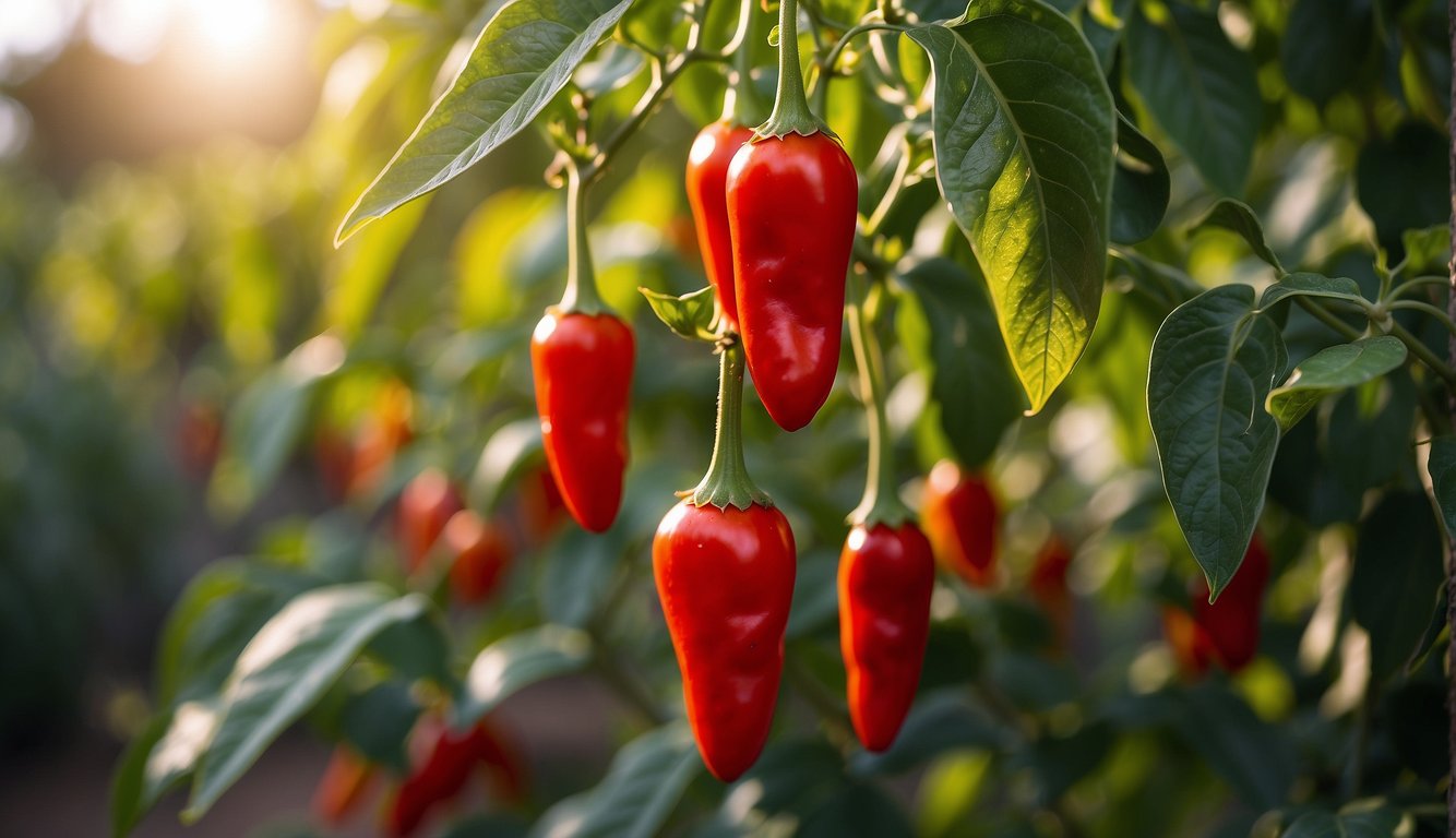 A vibrant red cayenne pepper plant stands tall, its leaves and fruits glistening in the sunlight. The pepper's spicy aroma fills the air, evoking a sense of vitality and wellness