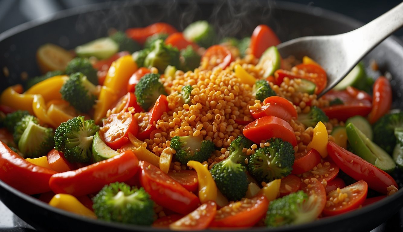 A sprinkle of cayenne pepper is being added to a sizzling pan of stir-fry vegetables, releasing a burst of vibrant red color and spicy aroma