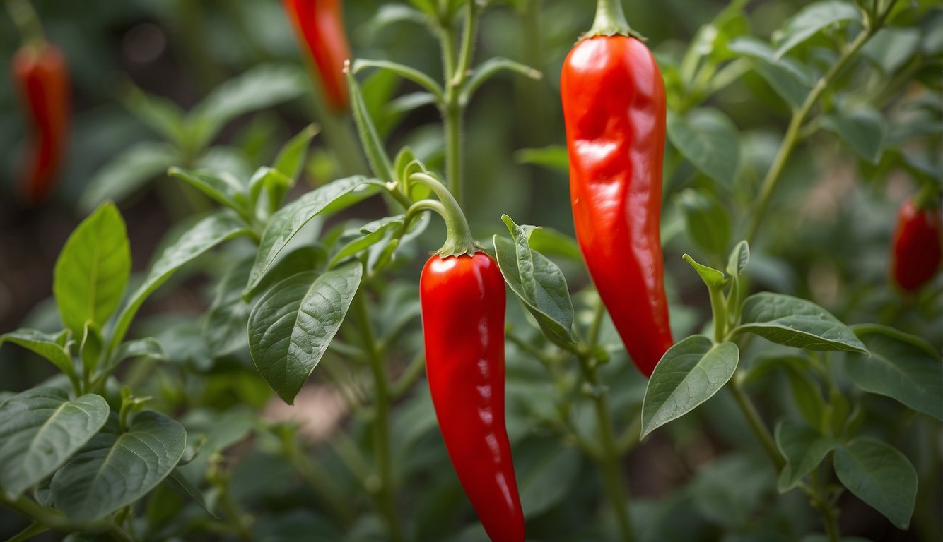 A vibrant red cayenne pepper plant grows in a sunny garden, with ripe peppers ready for harvest. A mortar and pestle sit nearby, ready for medicinal use