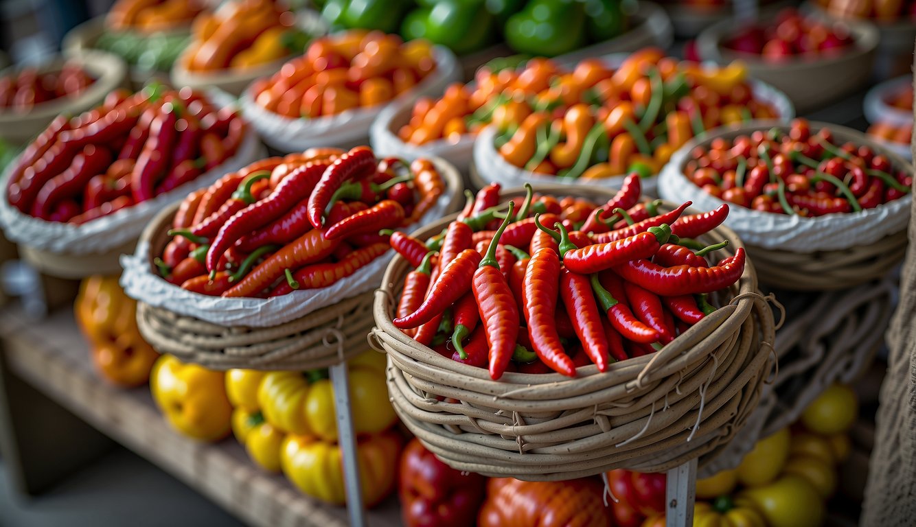 A vibrant market stall displays cayenne peppers, symbolizing their historical and cultural significance in various cuisines and traditional medicinal practices