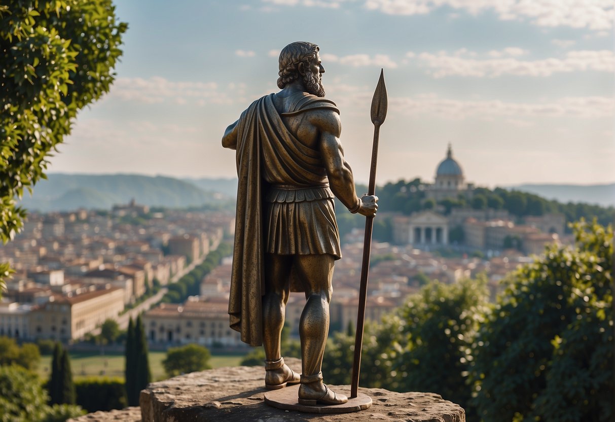 Cincinnatus stands tall, overlooking his humble farm and the grand city of Rome. His strong figure exudes wisdom and leadership, embodying the ideals of selfless service and virtuous leadership