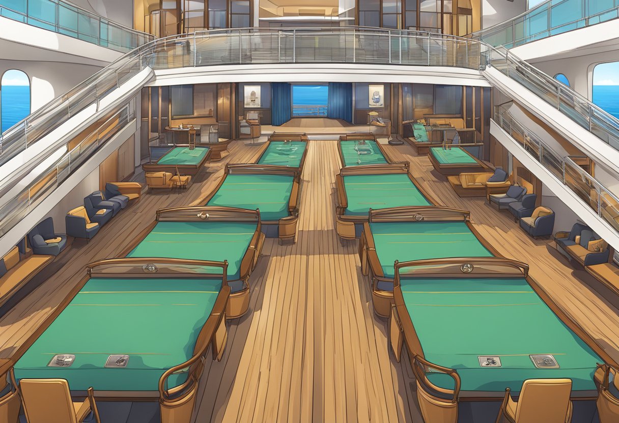 Cruise ship deck with "No Filming" sign, security cameras, and privacy curtains