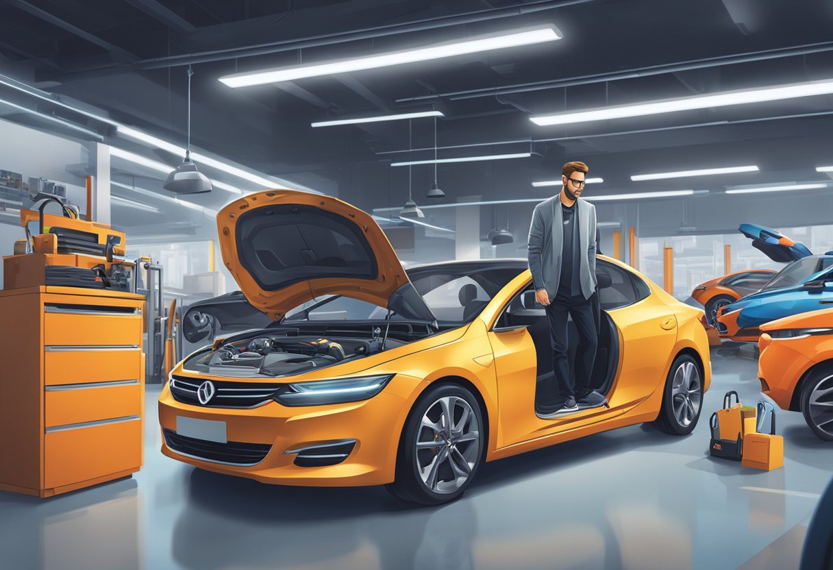 A beginner in the automotive industry explores marketing strategies. Show various car models, tools, and promotional materials in a vibrant workshop setting