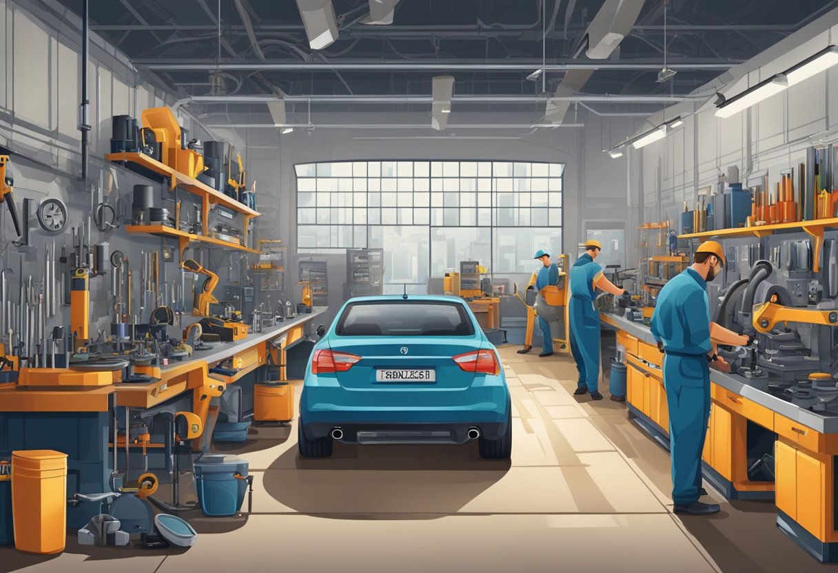 A bustling automotive workshop filled with tools and machinery, promising a lucrative business opportunity