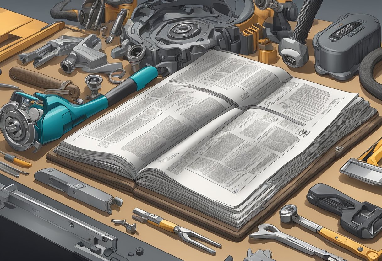 An automotive guidebook lays open on a workbench, surrounded by tools, car parts, and a mechanic's manual