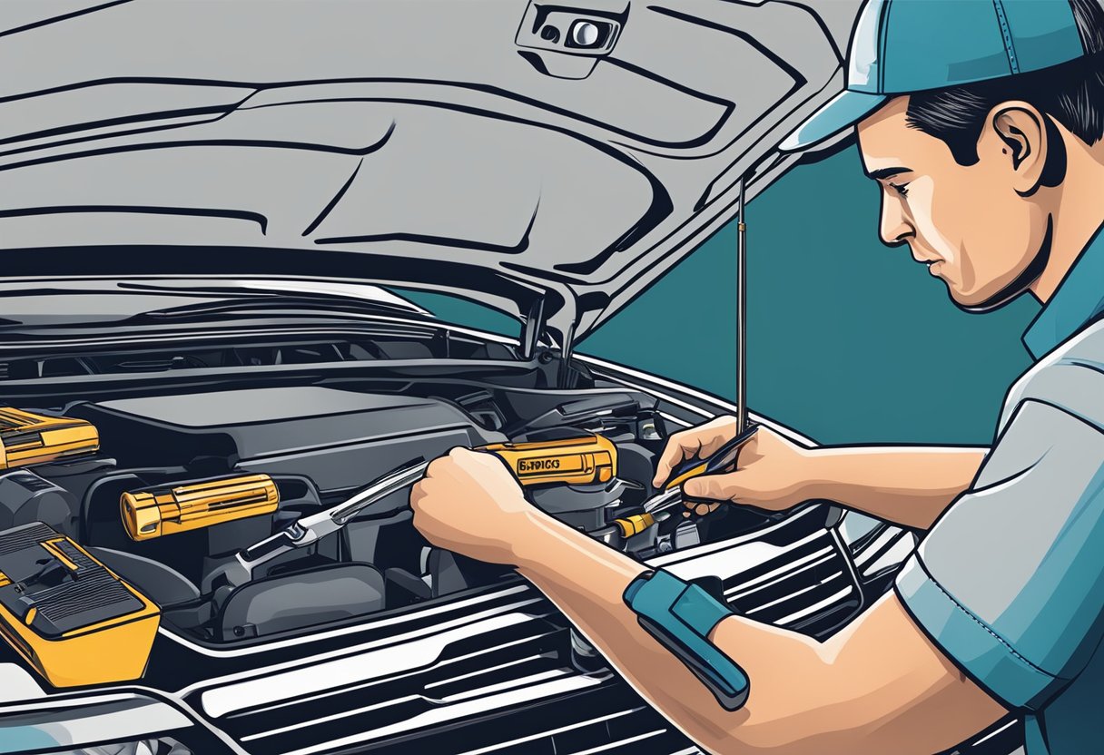 A mechanic arranging tools and manuals for an automotive business startup