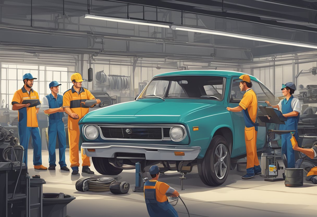 A mechanic guiding a team in an automotive workshop