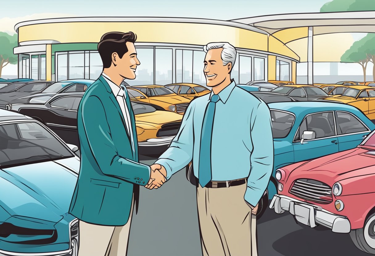 A car salesman shaking hands with a satisfied customer in front of a row of shiny, well-maintained used cars