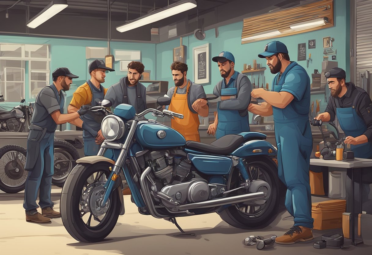 A group of people is being recruited and trained to open a motorcycle repair shop