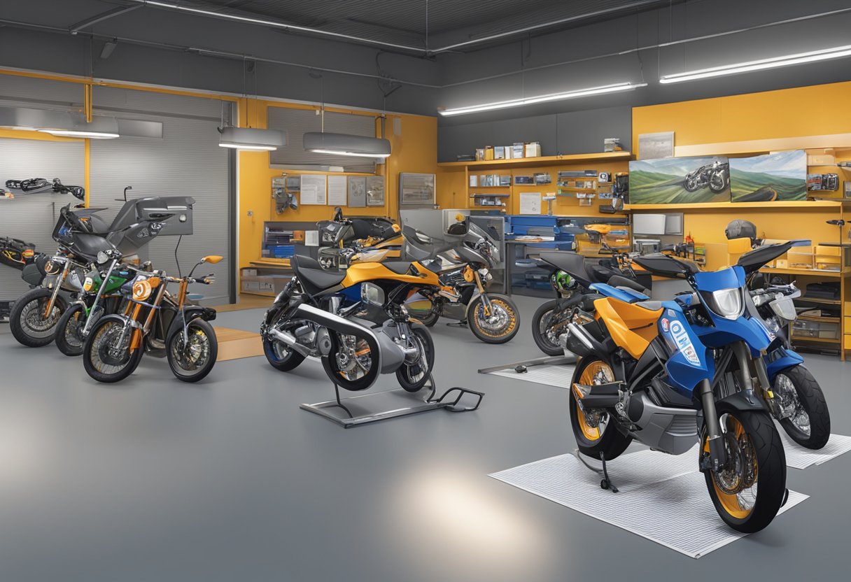 A motorbike workshop with promotional materials and marketing strategies displayed