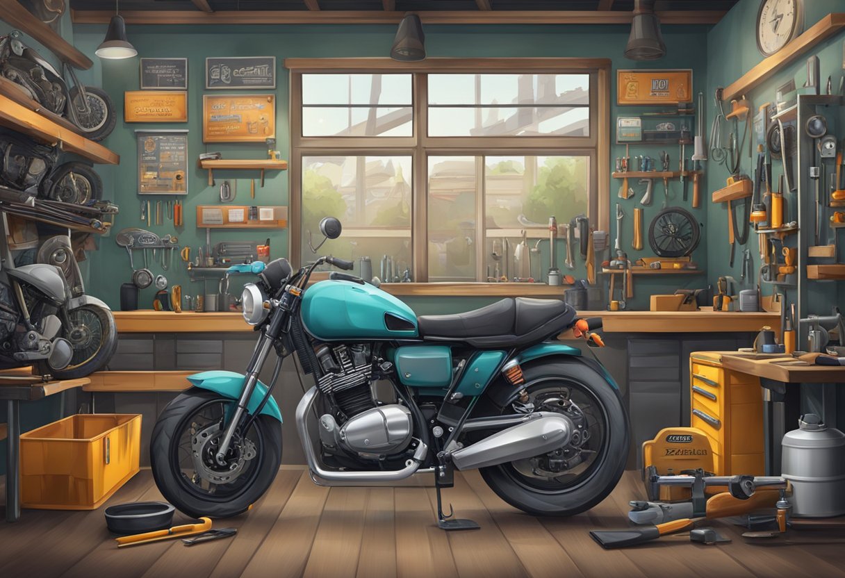 A motorbike repair shop with tools, workbenches, and signage