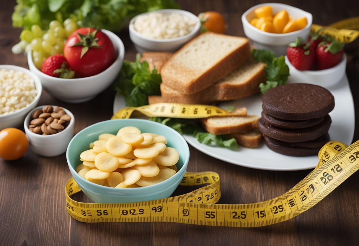 A table with foods to avoid for menopause belly fat, such as sugary snacks, processed foods, and high-carb items. A woman's silhouette next to a measuring tape