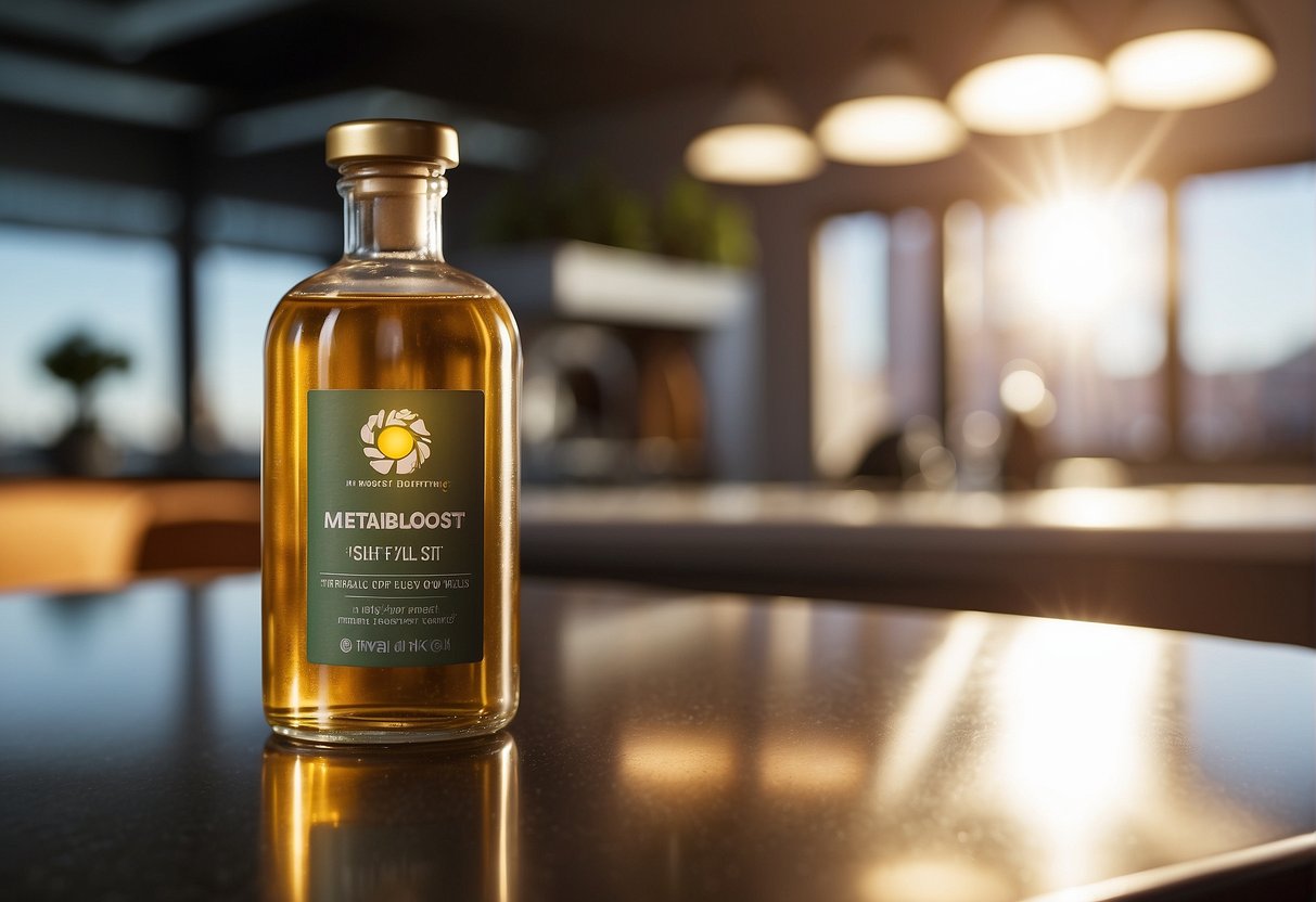 A bottle of MetaBoost metabolic flush sits on a sleek, modern countertop. Rays of sunlight stream in, casting a warm glow on the label