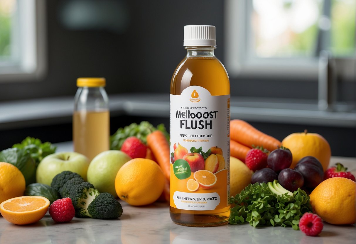 A bottle of MetaBoost metabolic flush sits on a sleek, modern countertop, surrounded by vibrant, fresh fruits and vegetables. The label on the bottle is bold and eye-catching, with the product name prominently displayed