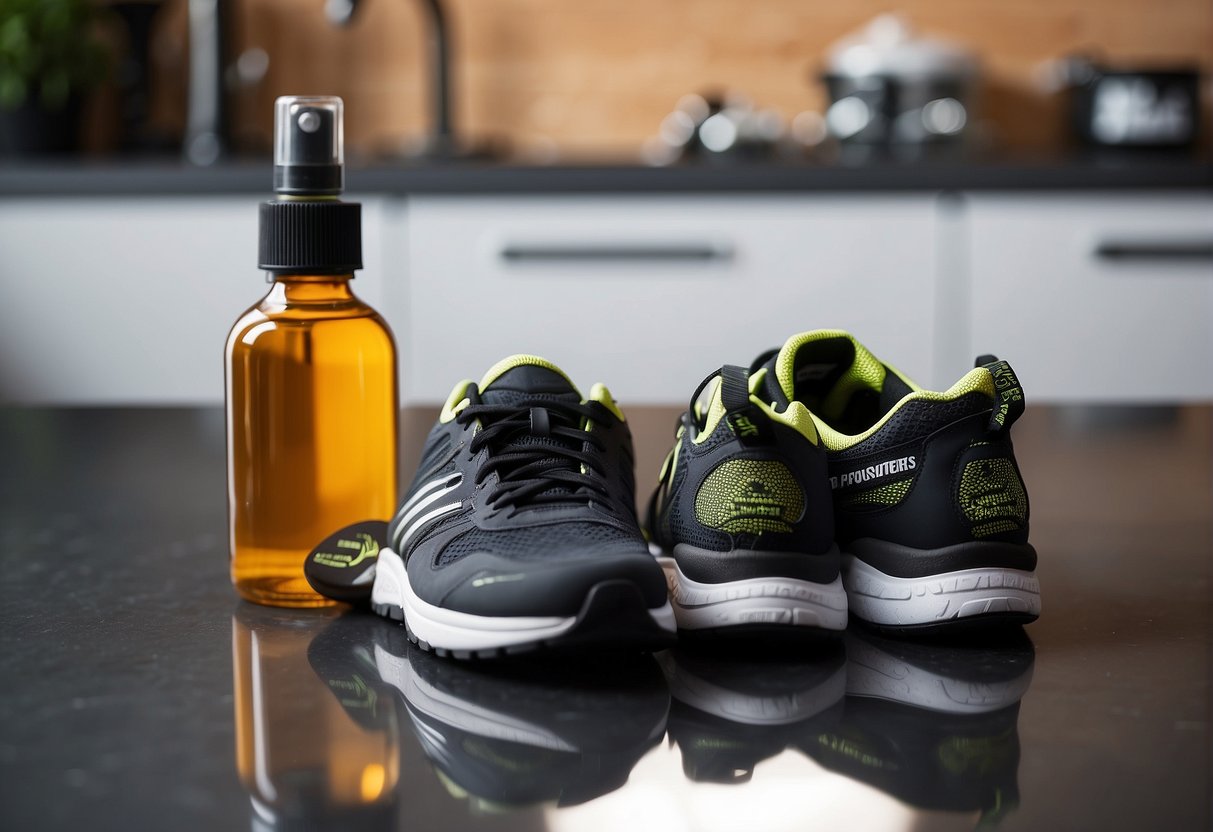 A bottle of MetaBoost metabolic flush sits on a sleek, modern countertop next to a stopwatch and a pair of running shoes