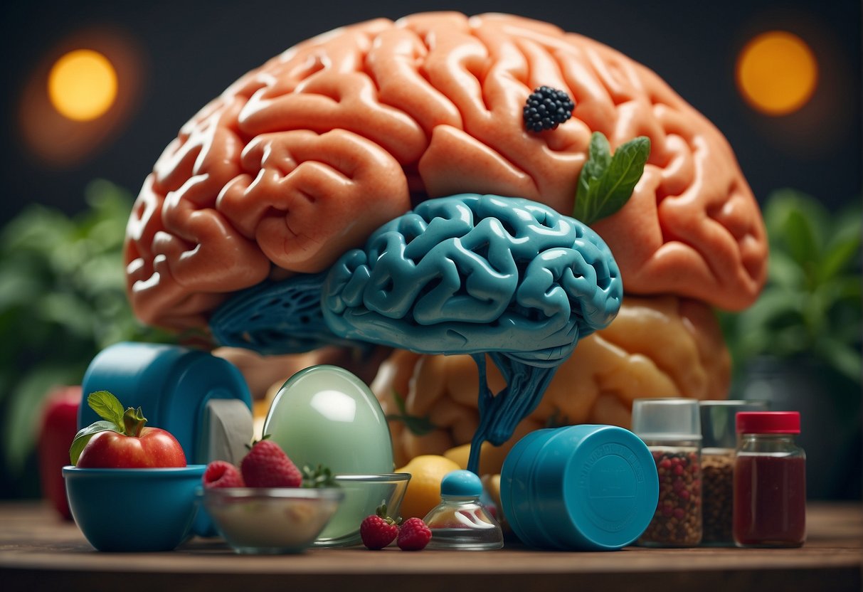 A vibrant, energetic brain surrounded by healthy, nourishing foods and exercise equipment, with a sense of determination and focus