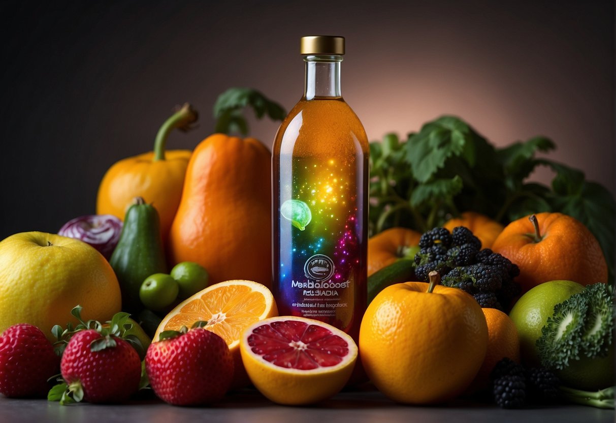 A bottle of MetaBoost metabolic flush surrounded by vibrant fruits and vegetables, with a glowing aura emanating from it