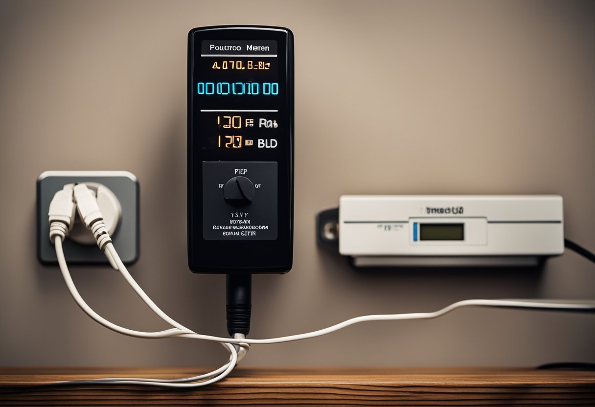 A TV plugged into a power outlet with a digital power meter displaying the average power consumption in watts