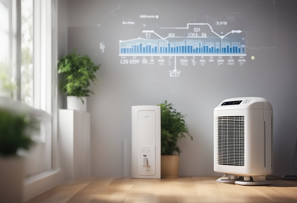 A heat pump drawing power from an electrical outlet, surrounded by energy consumption data and efficiency ratings