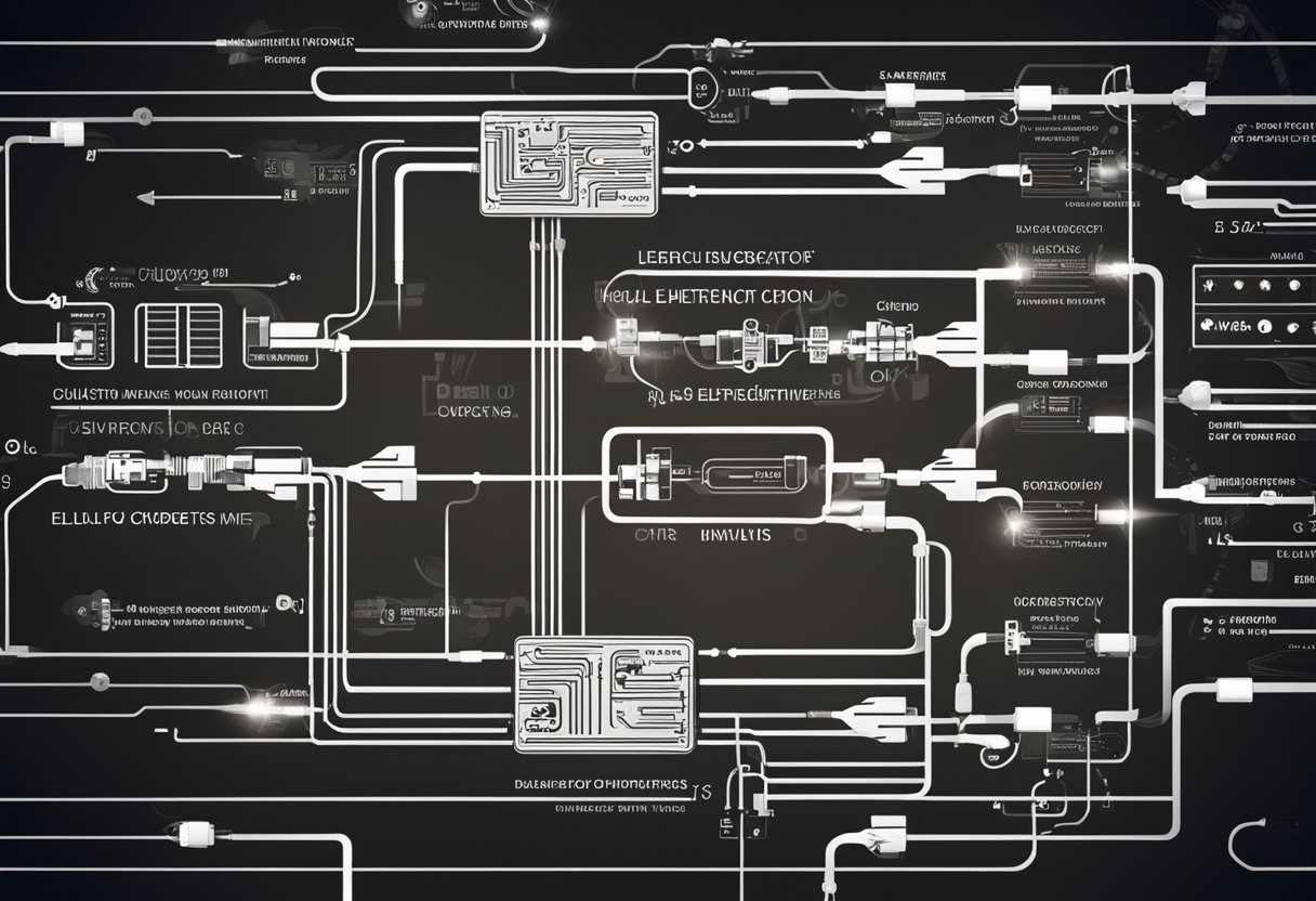 A simple illustration of electrical currents flowing through a circuit, with arrows showing the direction of the current and labels for key components like batteries and wires