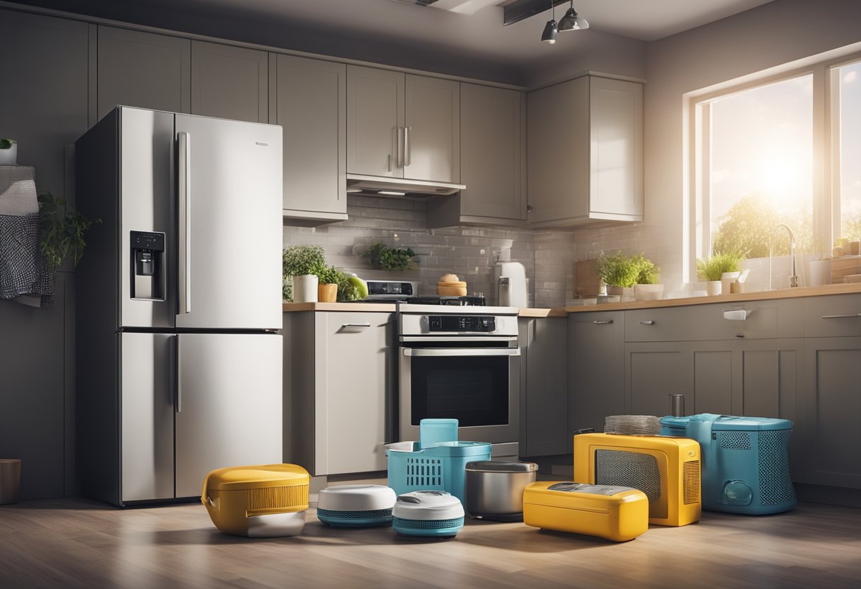 Various household appliances in use, including a refrigerator, washing machine, and microwave, with a focus on their energy consumption