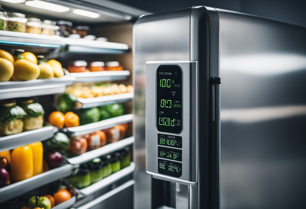 A refrigerator plugged into a power meter, displaying energy usage