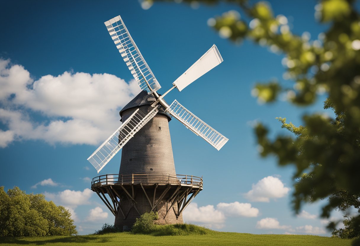 A windmill stands tall, its blades spinning gracefully in the wind, producing a steady stream of electricity