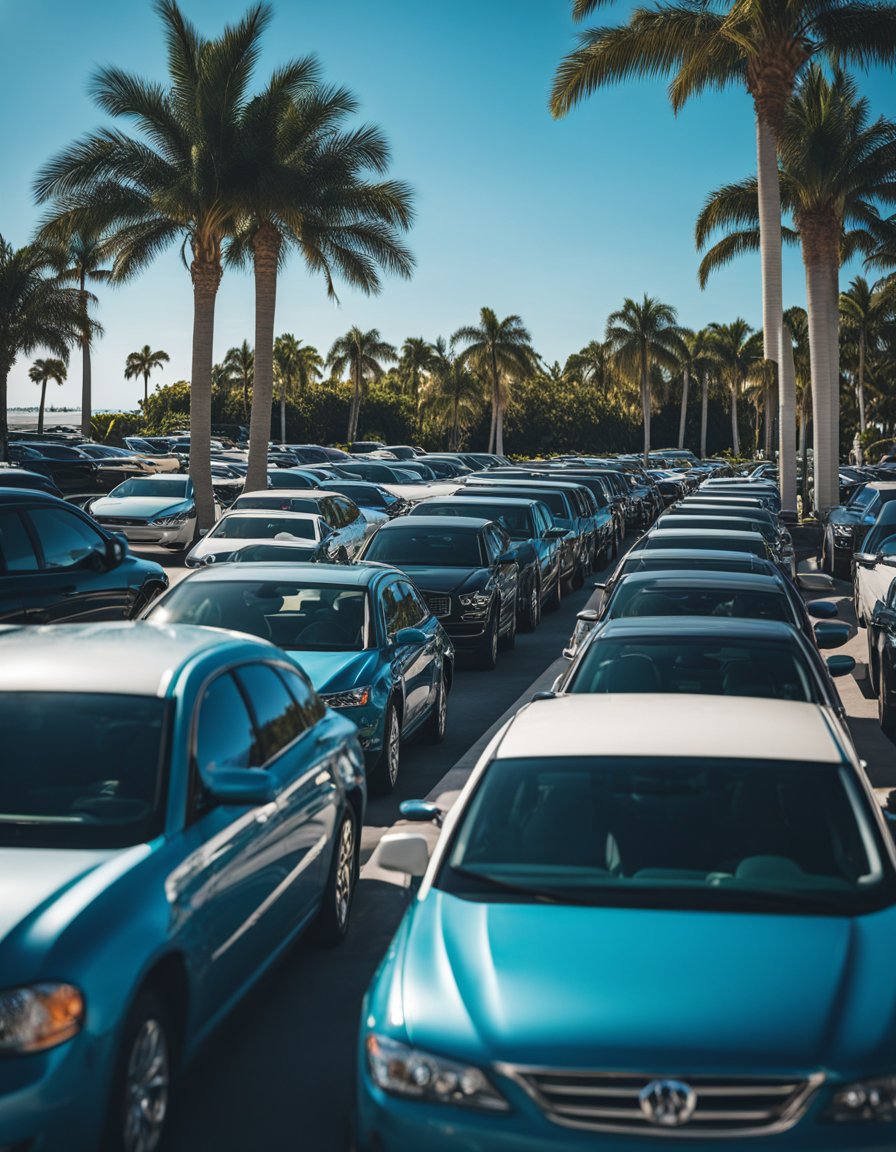 The Naples Beach parking lot is filled with cars, with a backdrop of palm trees and a clear blue sky