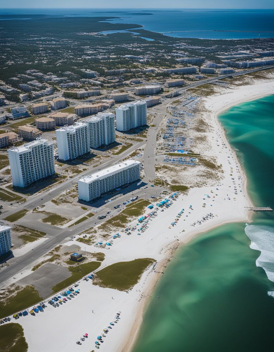 Aerial view of Navarre Beach with parking area and coastline