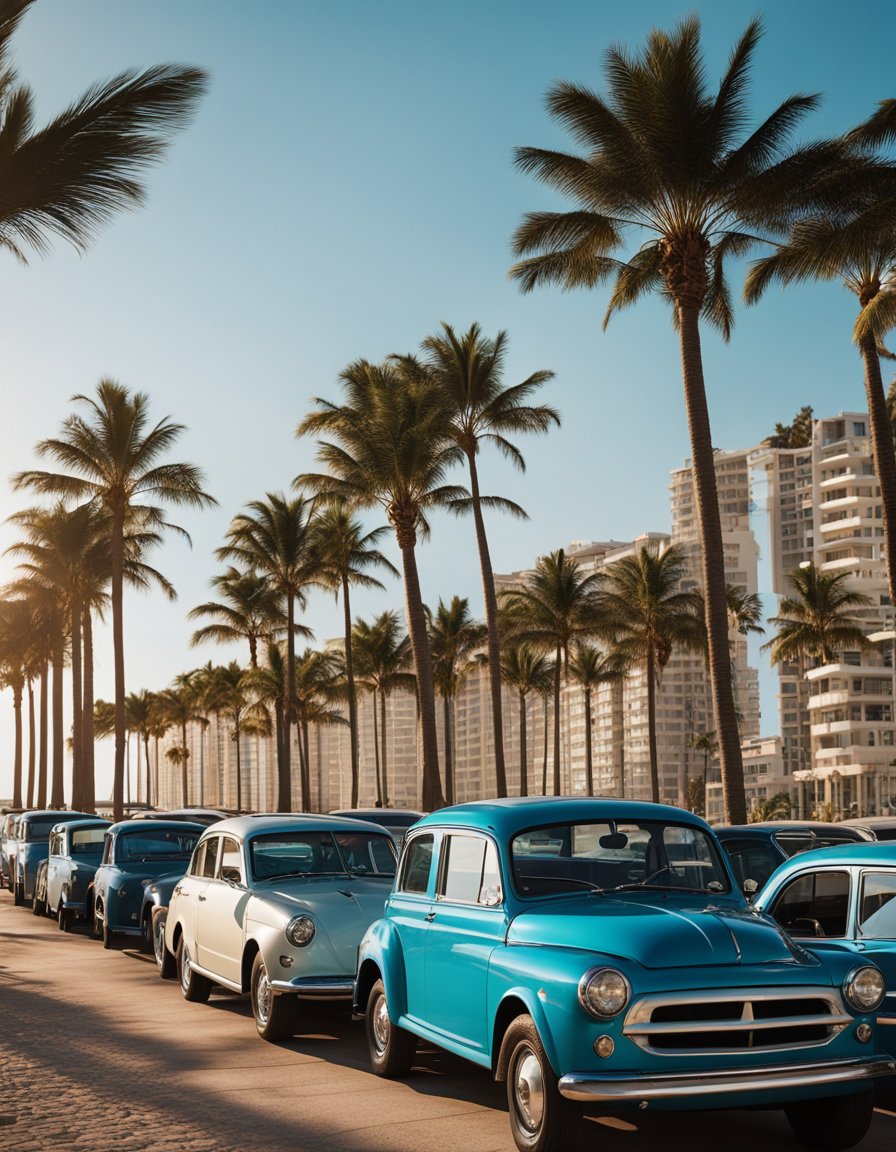 Cars parked in rows along the beachfront. Bright sun, blue sky, and palm trees in the background