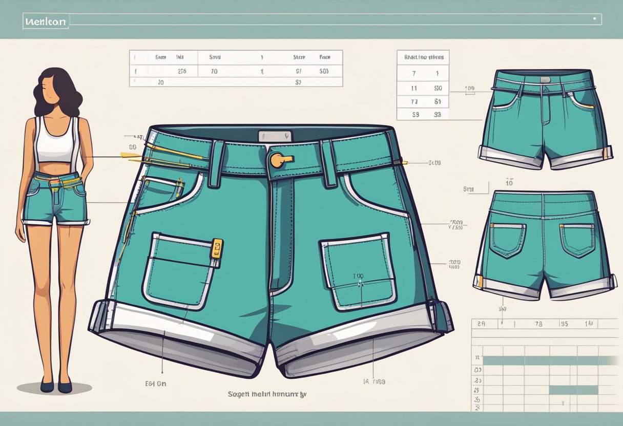 A measuring tape wrapped around the waist and hips of a pair of women's shorts, with clear measurements displayed. A size chart and helpful tips displayed nearby