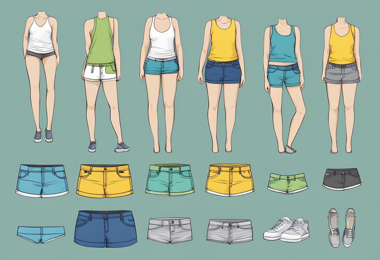 A tape measure wraps around a pair of women's shorts, ensuring a perfect fit. Various styles of shorts are displayed nearby for comparison