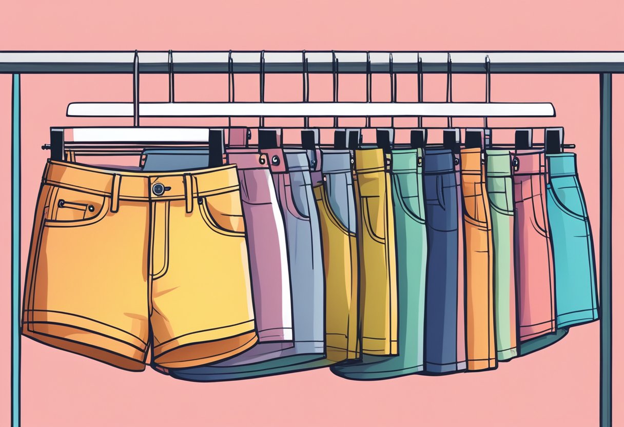 A vibrant display of women's shorts in trending colors, lined up on a fashion-forward rack. Shades of pastel, bold neons, and earthy tones catch the eye