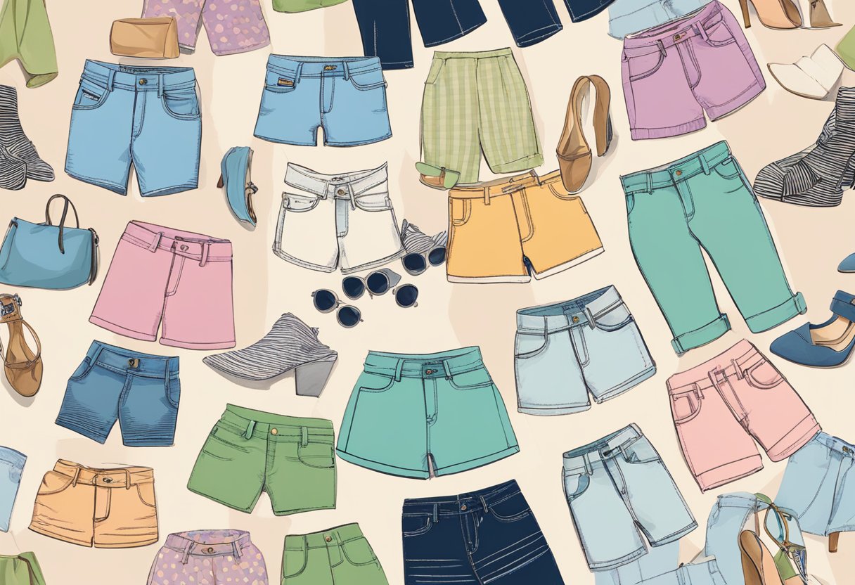 A vibrant display of colorful women's shorts alongside classic, neutral options. Trendy hues like pastels and bold prints stand out against timeless black, white, and denim styles