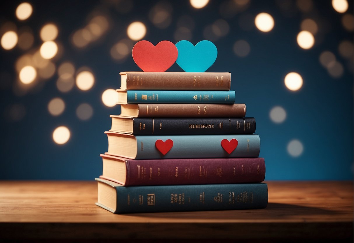 A stack of books on relationships with speech bubbles and hearts floating above them
