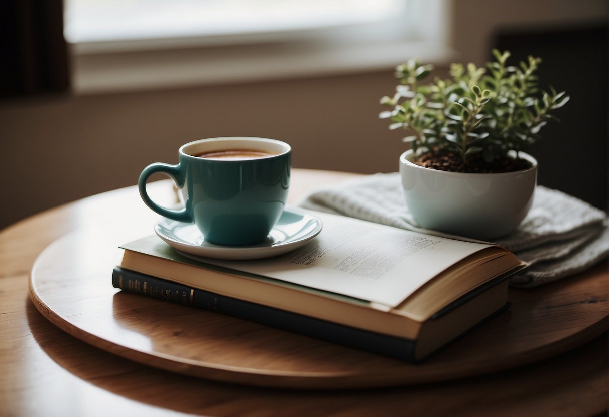 A stack of relationship books on a table with a cup of coffee and a cozy blanket nearby