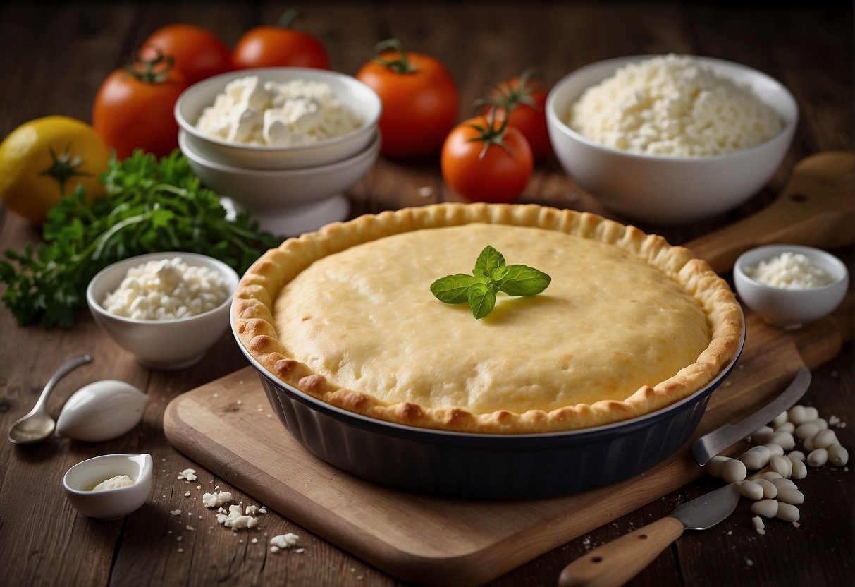 A table set with ingredients and utensils for making a delicious cottage cheese pie