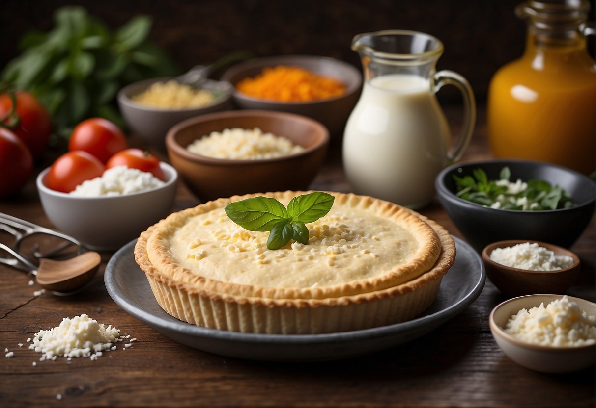 A table set with ingredients and utensils for making traditional cottage cheese pie
