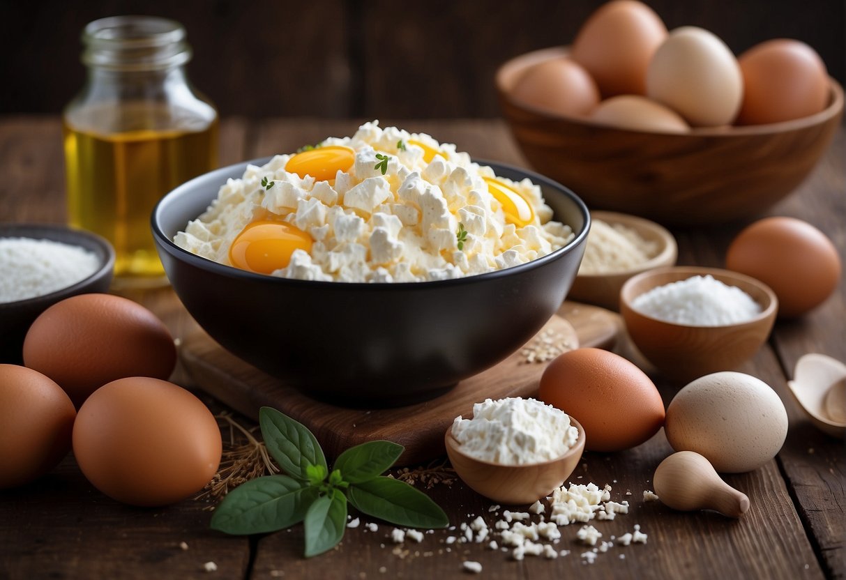 A table with ingredients: cottage cheese, eggs, sugar, flour, and a mixing bowl. A recipe book open to "Netradiciniai varškės pyrago receptai Geriausi varškės