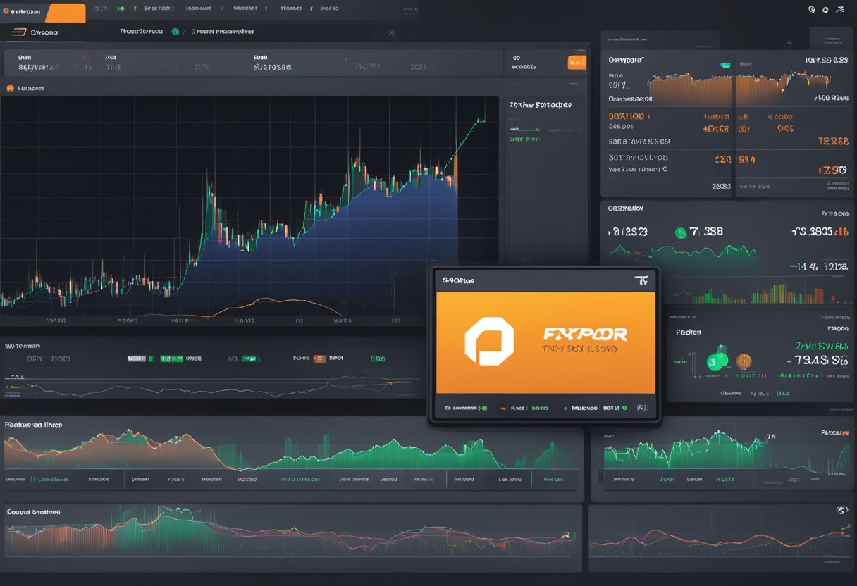 A computer screen displaying the FxPro trading platform with new Crypto CFDs added to cTrader accounts. Graphs and charts show fluctuating crypto prices