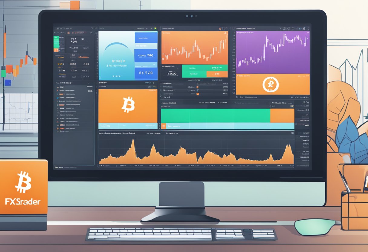 The scene depicts a computer screen showing FxPro's cTrader platform with various cryptocurrency CFD offerings displayed