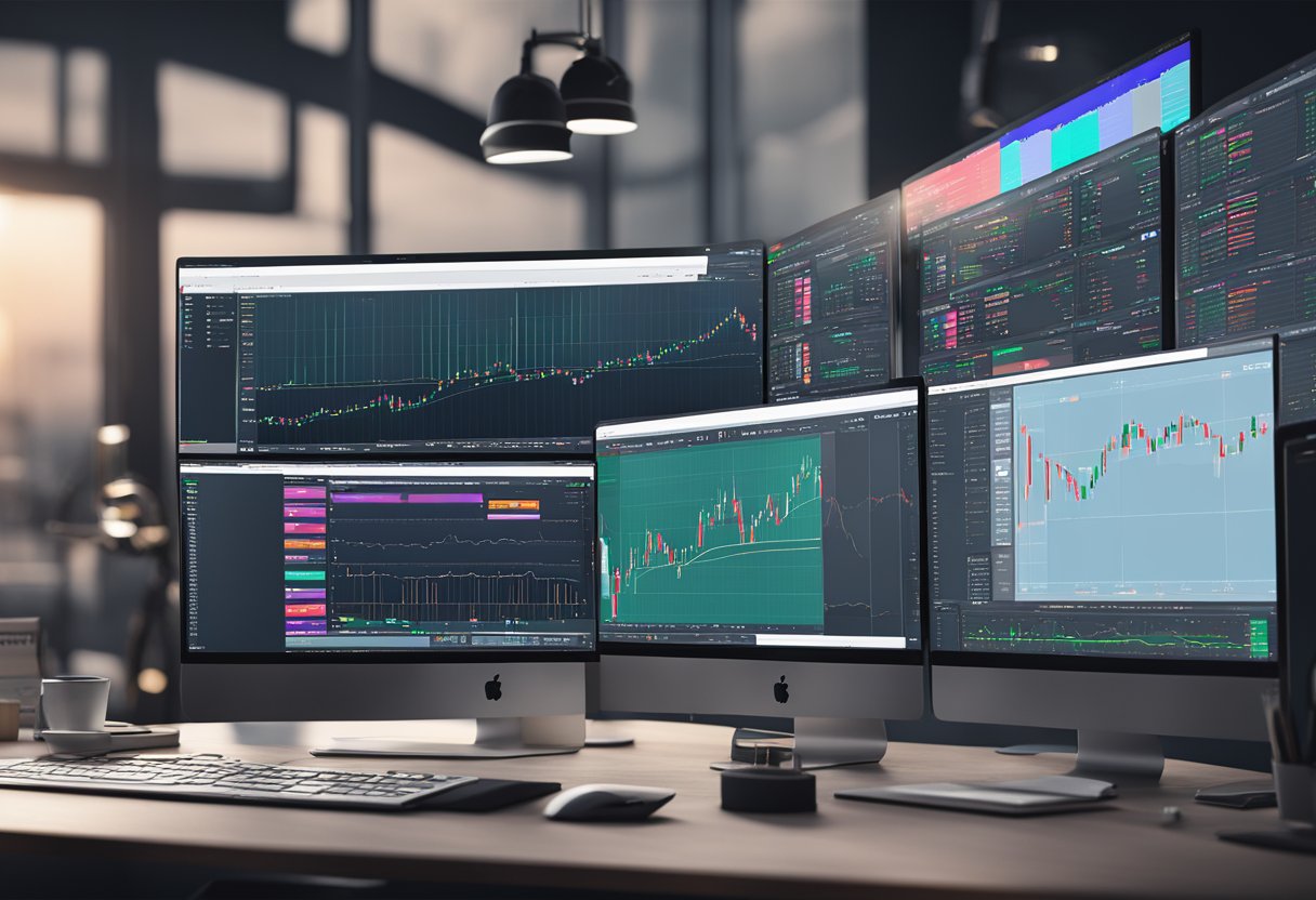 Multiple computer screens displaying FxPro's cTrader platform with added Crypto CFDs. Charts, graphs, and trading tools are visible on the screens, creating a dynamic and modern trading environment