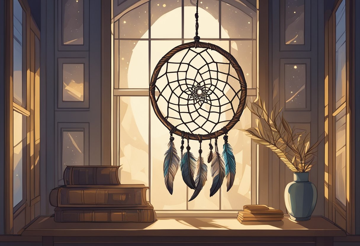 A dreamcatcher hanging in a dimly lit room with moonlight filtering through the window, casting intricate shadows on the walls